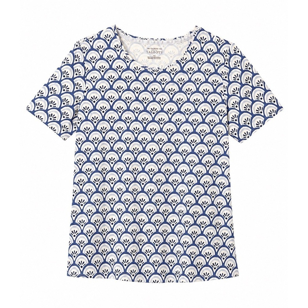 Talbots Womens Blouse Top Blue White Fan Print Scoop Neck Short Sleeve Size L